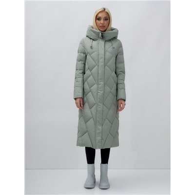 Пальто утепленное стеганное зимнее с капюшоном женское зеленого цвета 9612Z