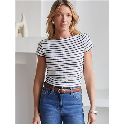 Футболка в полоску с вырезом лодочка из трикотажа в широкий рубчик