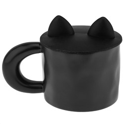 Кружка фарфоровая "Котик" 350мл, д9,5см h7,8см, матовая глазурь, с деколью, цвет - черный, силиконовая крышка, цвет - черный, д/горла 9,2см, д/основания 9см, в подарочной коробке (Китай)