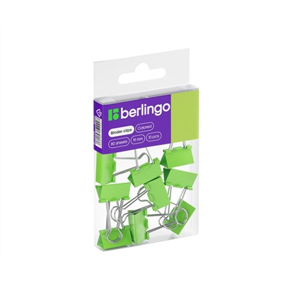 Зажимы для бумаг 19мм, Berlingo, 10шт., цветные, ПВХ упак., европодвес, зеленые