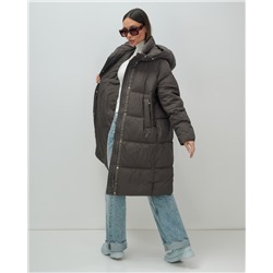 Пальто зимнее утепленное с капюшоном женское темно-коричневого цвета 7618TK