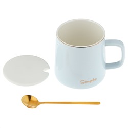 Кружка фарфоровая "Simple" 370мл, д9см h9см, матовая глазурь, отводка золотом, деколь с золотом, цвет - светло-голубой, фарфоровая крышка, ложка металл., окрашенный "золото" 13см, д/горла 8см, д/основания 8,5см, в подарочноый коробке (Китай)