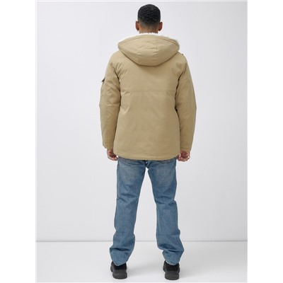 Парка мужская зимняя удлиненная с мехом горчичного цвета 8757G