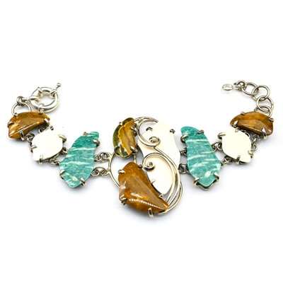 Браслет из амазонита, кахолонга и яшмы, 16-19см.