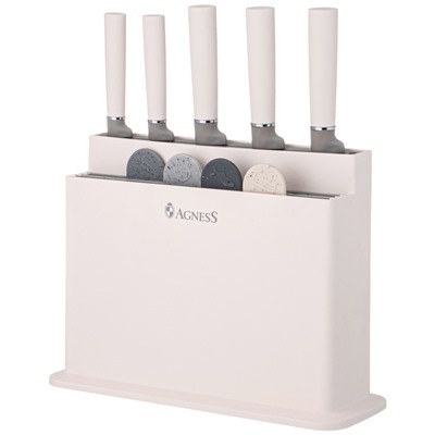 НАБОР AGNESS ИЗ 10ПР: 5 НОЖЕЙ, 4 ДОСКИ И ПОДСТАВКА, ЦВЕТ: БЕЛО-СЕРЫЙ