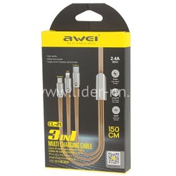 USB кабель 3в1 для iPhone 5/6/6Plus/7/7Plus/micro USB/Type-C 1.5м AWEI CL-21 плоский (бежевый)