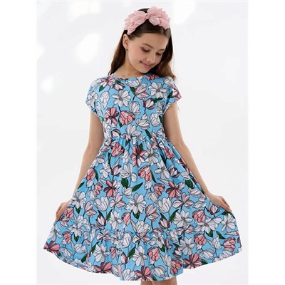 Детское платье "Ласточка" / Розовые тюльпаны на голубом