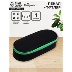 Пенал-футляр 95 х 205 х 45 мм, мягкий, текстильный, Calligrata, ПМК 27-20 Black, резинка на клапане, черный/зелёный