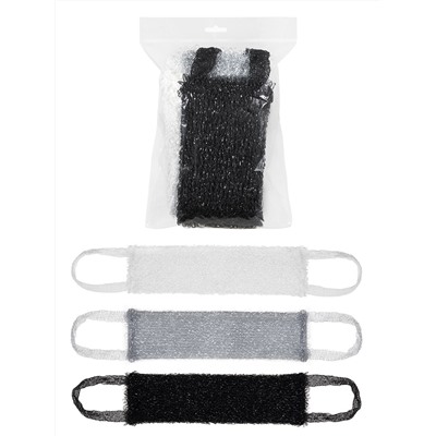 Набор, 3шт, мочалок для тела вязаных "Букле", ППР (чёрная, белая, серебро), 40х12см