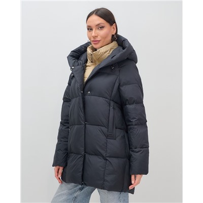 Куртка двубортная женская зимняя с капюшоном черного цвета 7736Ch