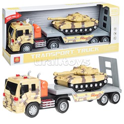 Автовоз "Военный" с танком, 1:16 (свет, звук) на батарейках, в коробке (камуфляж)