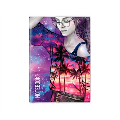 Записная книжка "Notebook", 93*134 мм, 66 л., арт. 64107/ 50 ДЕВОЧКА С ПАЛЬМАМИ (мягкий переплёт, мелованная бумага 115 г/м², мелованный картон 300 г/м², ПВХ, декор: полноцветная печать, ниткошвейный; вн. блок: белый офсет 65 г/м², печать в одну крас