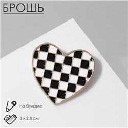 Брошь «Сердце» в клетку, цвет чёрно-белый в золоте