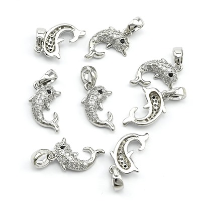 Подвеска Дельфин 10*16мм с фианитами, серебристая