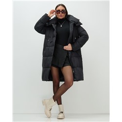 Пальто зимнее утепленное с капюшоном женское черного цвета 7700Ch