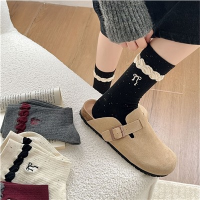 Demi-season embroidery with bow, Japanese breathable knee socks, with embroidery, combed cotton