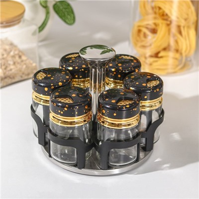Набор баночек для специй Magistro «Чёрный мрамор», на подставке, 6 шт., стекло, чёрный