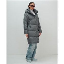Пальто зимнее утепленное с капюшоном женское темно-серого цвета 7618TC