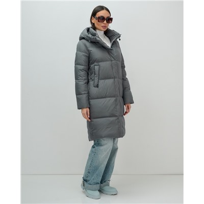 Пальто зимнее утепленное с капюшоном женское темно-серого цвета 7618TC