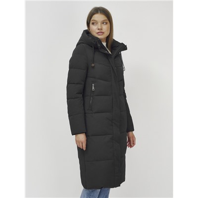 Пальто утепленное стеганное зимнее с капюшоном женское черного цвета 9636_1Ch