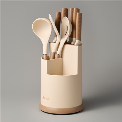 НАБОР AGNESS ИЗ 9ПР: 5 НОЖЕЙ, ПОЛОВНИК, ЛОПАТКА И ШУМОВКА, ВРАЩАЮЩАЯСЯ ПОДСТАВКА