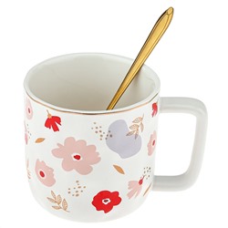 Кружка фарфоровая "Сюита" 380мл, д8,5см h8,9см, матовая глазурь, отводка золотом, с деколью, цвет - розово-красный, фарфоровая крышка, ложка металл., окрашенный "золото" 15,5см, д/горла 8,5см, д/основания 6,9см, в подарочноый коробке (Китай)