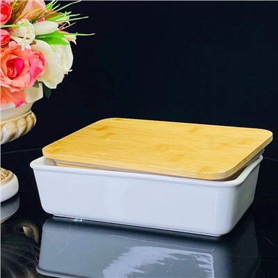 142-085 Прямоугольное блюдо для запекания 24см с бамбук.крышкой в под.уп.(х12)Фарфор