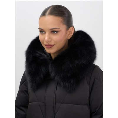 Пальто зимнее утепленное с мехом и капюшоном тренд черного цвета 7629Ch