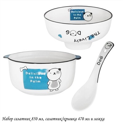 315-063 Набор салатник 950мл, салатник/крышка 450мл и ложка в под.уп.(х18)Фарфор