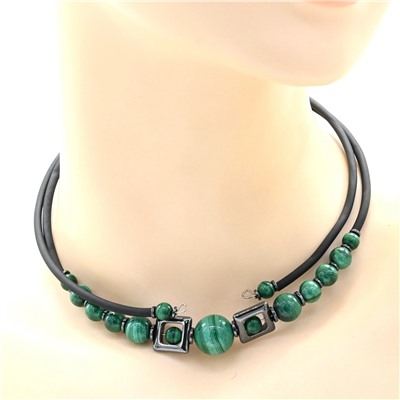 Чокер и браслет с малахитом шарики 8-13мм, 43см, 17см