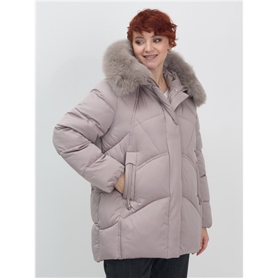 Куртка зимняя женская с мехом и капюшоном тренд светло-коричневого цвета 7656SK