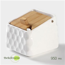 Банка для сыпучих BellaTenero, 800 мл, 14.5×11 см, с ложкой, с бамбуковой крышкой, фарфор, белая