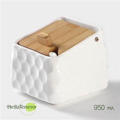 Банка для сыпучих BellaTenero, 800 мл, 14.5×11 см, с ложкой, с бамбуковой крышкой, фарфор, белая