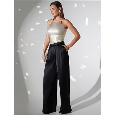 Топ с закрытым декольте из хлопка с эластаном в рубчик с матовым покрытием металлик