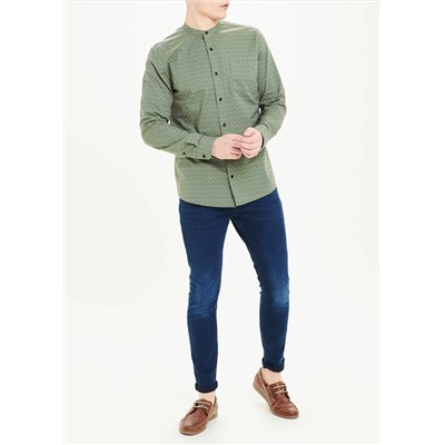 Long Sleeve Slim Fit Grandad Collar Oxford Shirt
