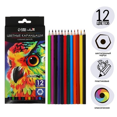 Карандаши цветные 12 цветов Calligrata Soft, заточенные, шестигранные, пластиковые, картонная упаковка, европодвес