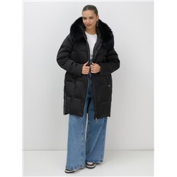 Пальто зимнее утепленное с мехом и капюшоном тренд черного цвета 7630Ch