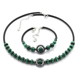 Комплект чокер и браслет с малахитом рондель 8*5мм, 42см, 18см