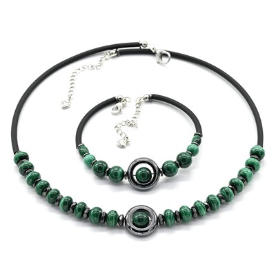 Комплект чокер и браслет с малахитом рондель 8*5мм, 42см, 18см