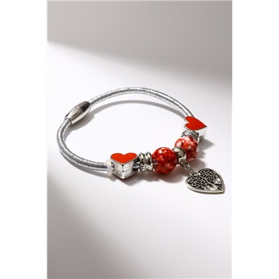 Браслет «Марджери» на нити, дерево в сердце, L=18 см, красный в серебре