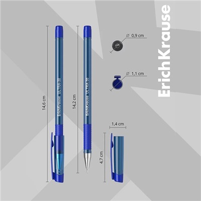 Ручка шариковая ErichKrause ULTRA-30, узел-игла 0.7 мм, чернила синие, резиновый упор, длина линии письма 2000 метров