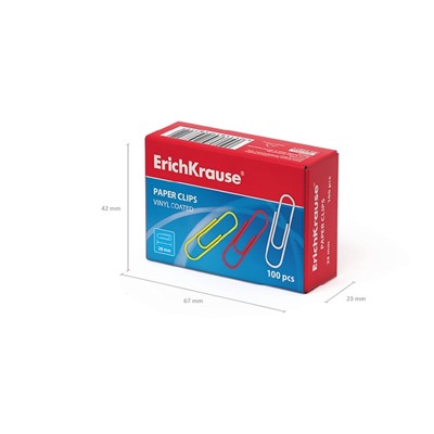 Скрепки канцелярские ErichKrause, 28 мм, 100 шт., цветные с виниловым покрытием, картонная упаковка, МИКС