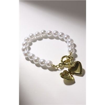 Браслет жемчуг «Сердечко» для фото, шар №10, белый в золоте, L=21 см