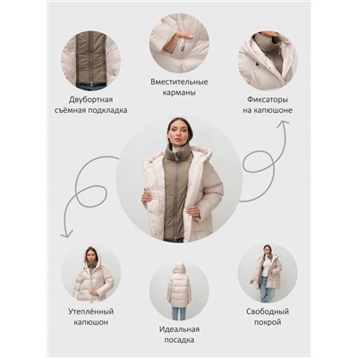 Куртка двубортная женская зимняя с капюшоном бежевого цвета 7736B