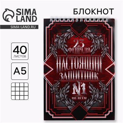 Блокнот А5, 40 листов на гребне в клетку «23 февраля: Настоящий защитник №1»