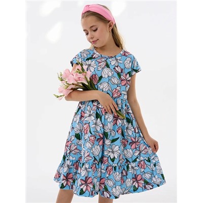 Детское платье "Ласточка" / Розовые тюльпаны на голубом