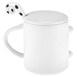 Кружка фарфоровая "Кисуля" 350мл, д8,1см h9,4см, матовая глазурь, с деколью, цвет - белый, ложка нерж. 15см с декором, фарфоровая крышка, цвет - белый, д/горла 7,7см, д/основания 6,7см, в подарочной коробке (Китай)