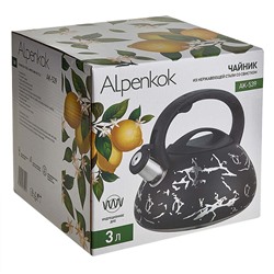 Чайник 3 л из нержавеющей стали со свистком, индукционное дно ALPENKOK AK-539 черный с серебром, ручка черный