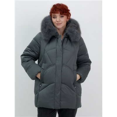 Куртка зимняя женская с мехом и капюшоном тренд темно-зеленого цвета 7656TZ