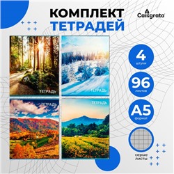 Комплект тетрадей из 4 штук, 96 листов в клетку Calligrata "Природа", обложка мелованный картон, блок №2, белизна 75% (серые листы)